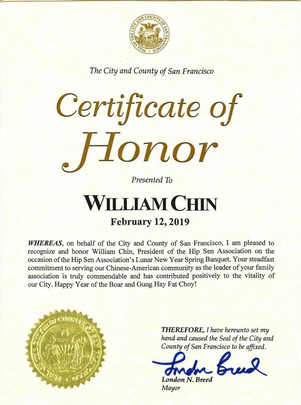 Certificate of Honor (2019) WILLIAM CHIN