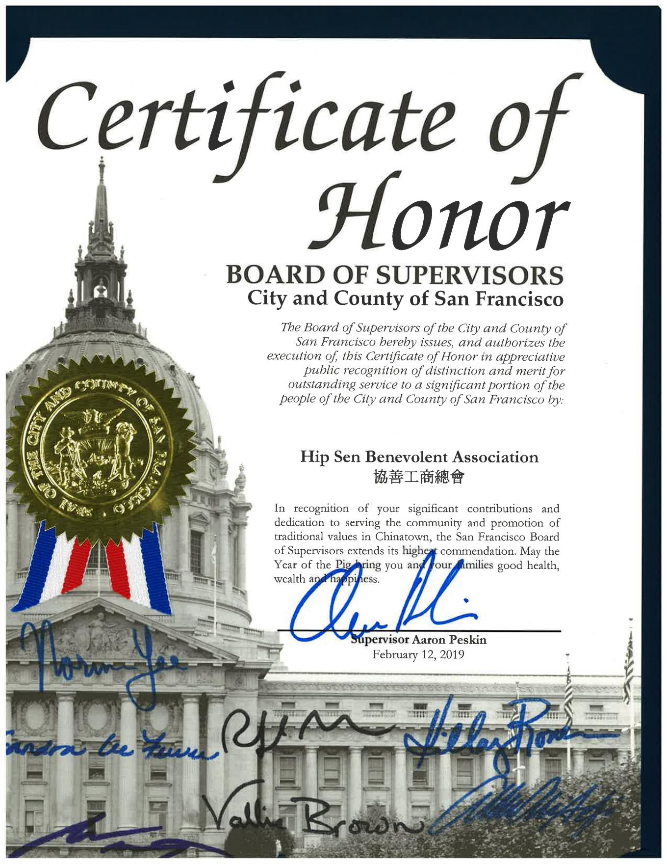 Certificate Of Honor（2019）BOARD OF SUPERVISORS City and County of San Francisco